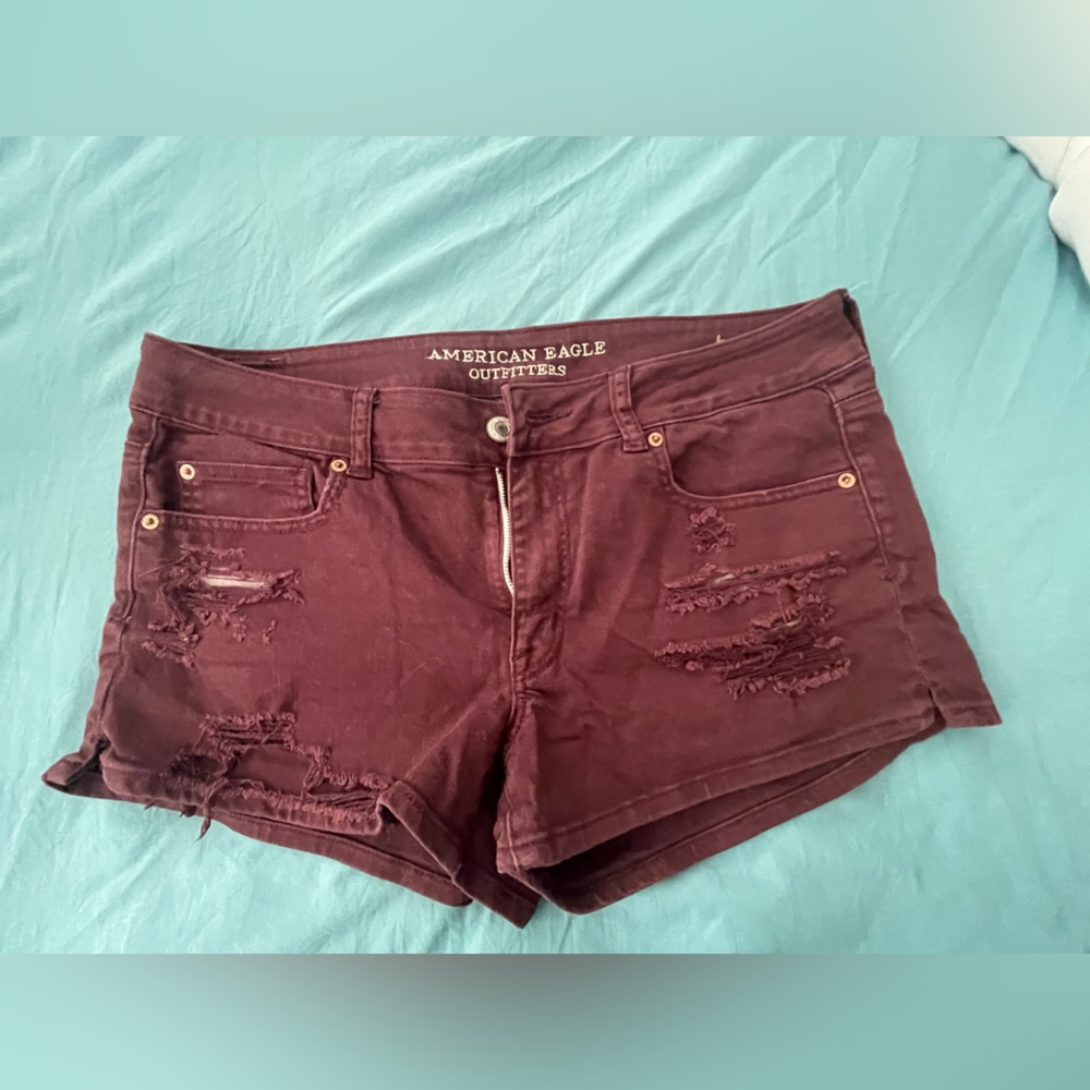 American Eagle Outfitters Maroon Distressed Denim Shorts